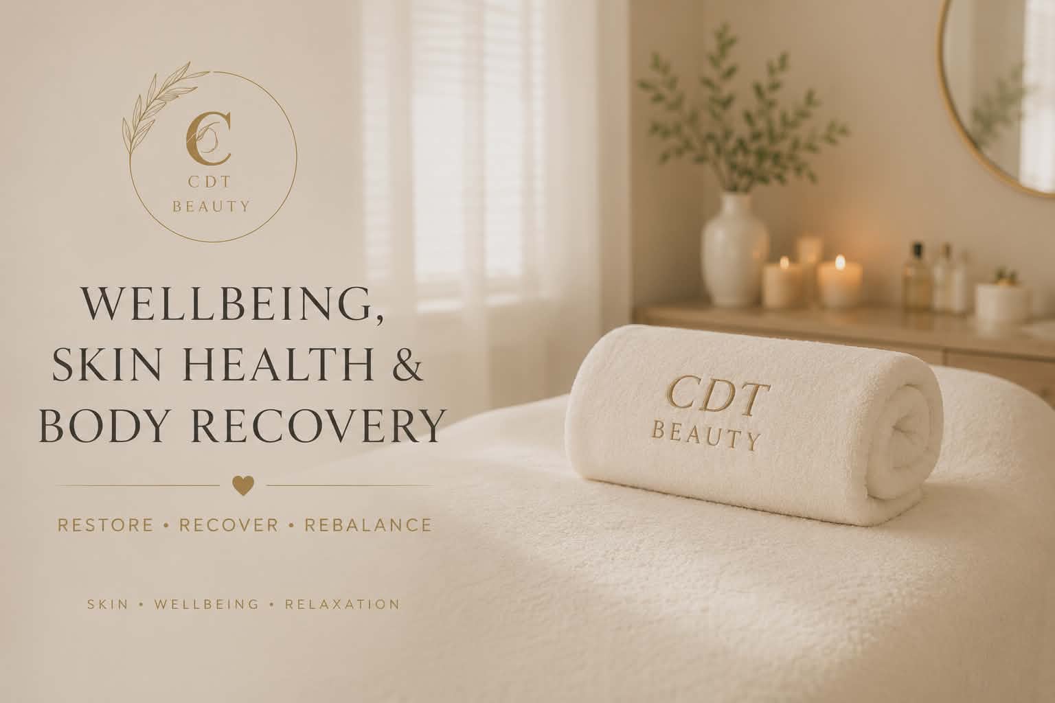Wellbeing, skin health and body recovery treatment room at CDT Beauty